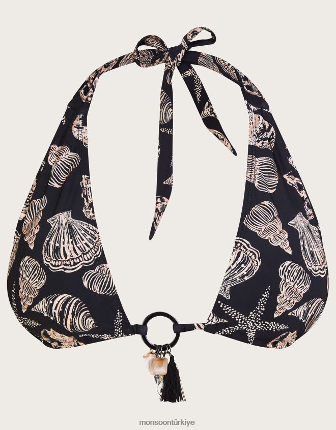 Monsoon kadınlar Geri dönüştürülmüş polyesterden deniz kabuğu folyo desenli bikini üstü JH86BT503 Giyim siyah