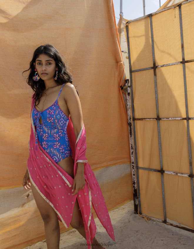 Monsoon kadınlar Geri dönüştürülmüş polyesterden çiçek desenli askılı çok askılı mayo JH86BT752 Giyim mavi (kobalt)