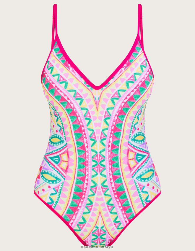 Monsoon kadınlar Geri dönüştürülmüş polyesterden mozaik desenli mayo JH86BT797 Giyim pembe