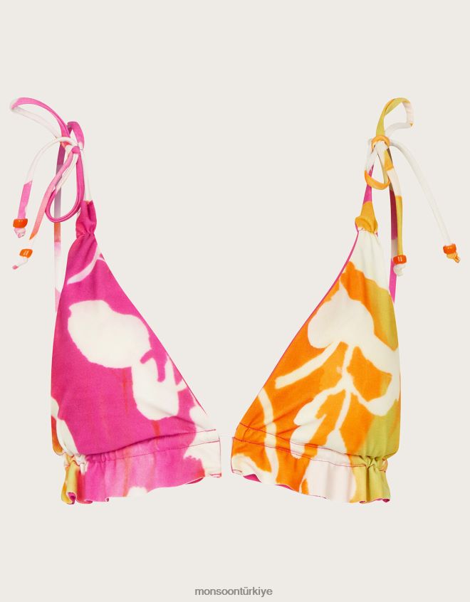 Monsoon kadınlar Geri dönüştürülmüş polyesterden soyut desenli fırfırlı bikini üstü JH86BT1054 Giyim pembe