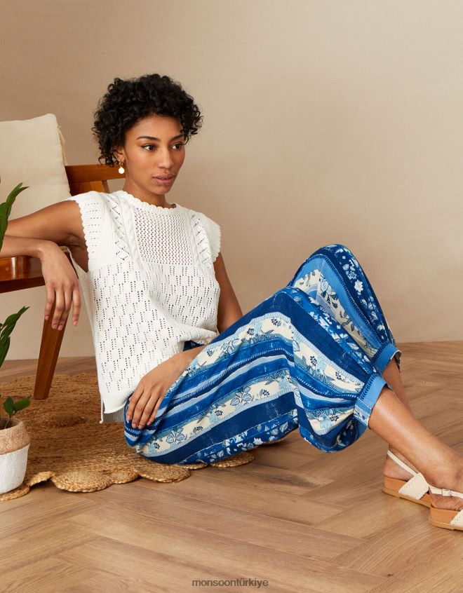 Monsoon kadınlar lenzing ecovero çok çizgili desenli harem pantolon JH86BT1118 Giyim mavi