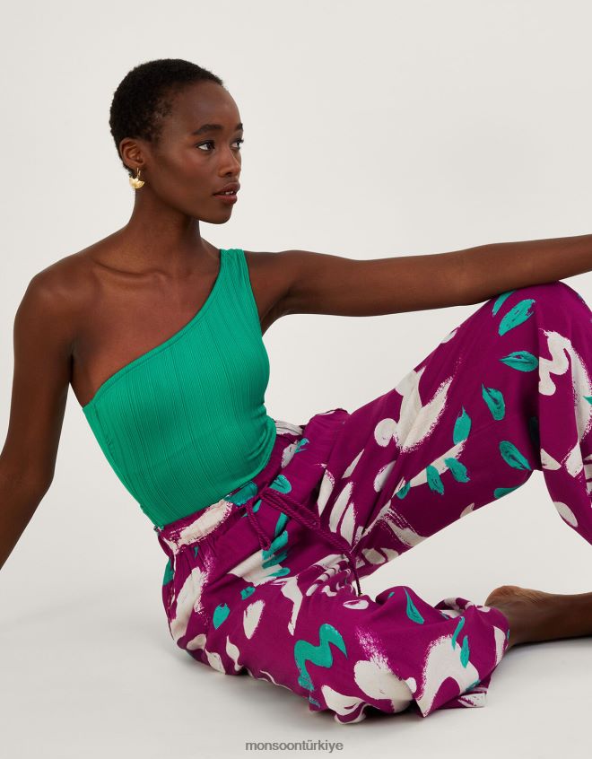 Monsoon kadınlar soyut fırça darbesi baskı geniş bacak pantolon JH86BT805 Giyim koyu pembe