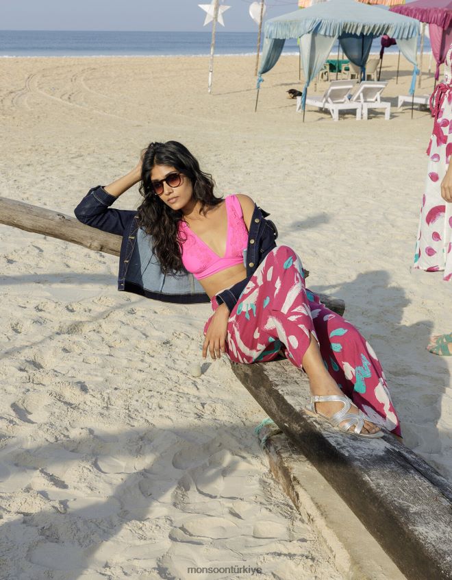 Monsoon kadınlar soyut fırça darbesi baskı geniş bacak pantolon JH86BT805 Giyim koyu pembe