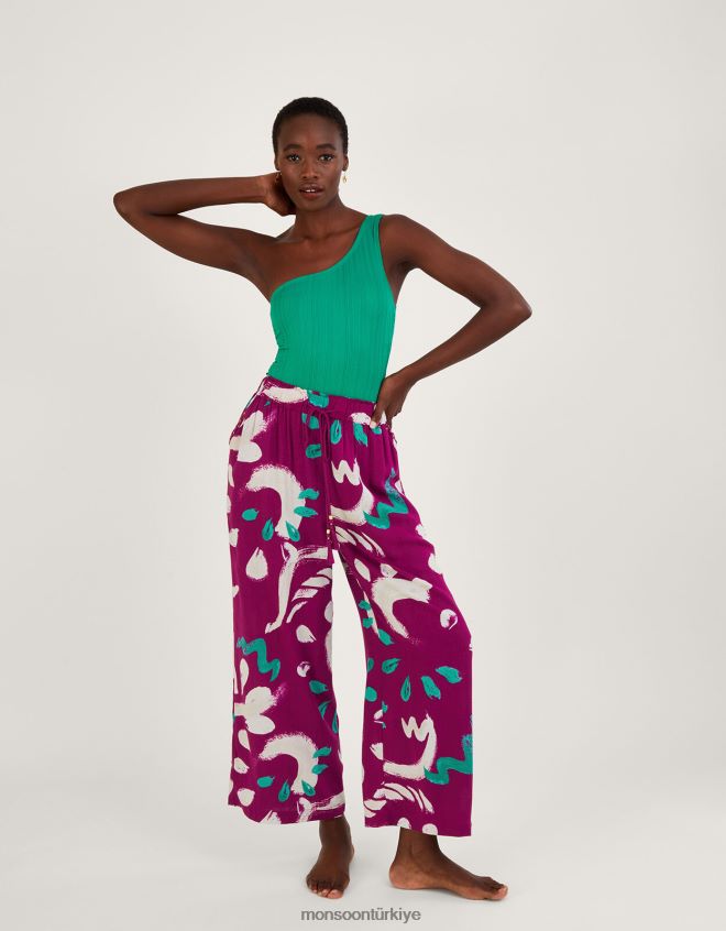 Monsoon kadınlar soyut fırça darbesi baskı geniş bacak pantolon JH86BT805 Giyim koyu pembe