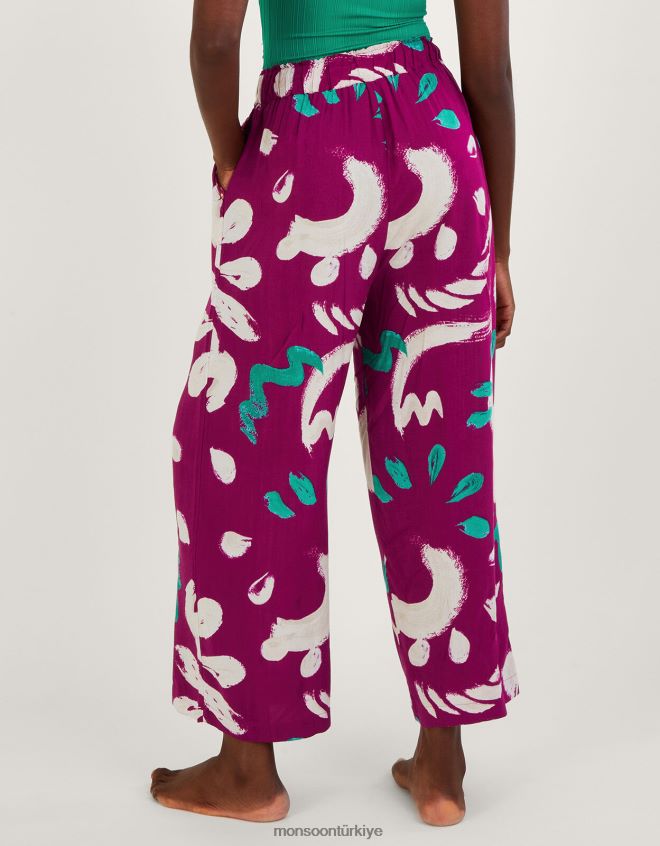 Monsoon kadınlar soyut fırça darbesi baskı geniş bacak pantolon JH86BT805 Giyim koyu pembe