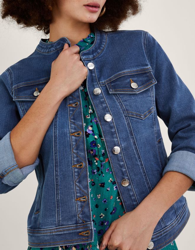 Monsoon kadınlar Sürdürülebilir pamuklu Cassey yakasız denim ceket JH86BT721 Giyim mavi (kot mavisi)