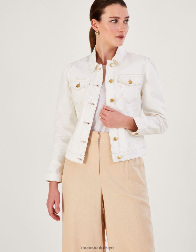 Monsoon kadınlar Sürdürülebilir pamuktan kabarık kollu denim ceket JH86BT781 Giyim doğal (ekru)
