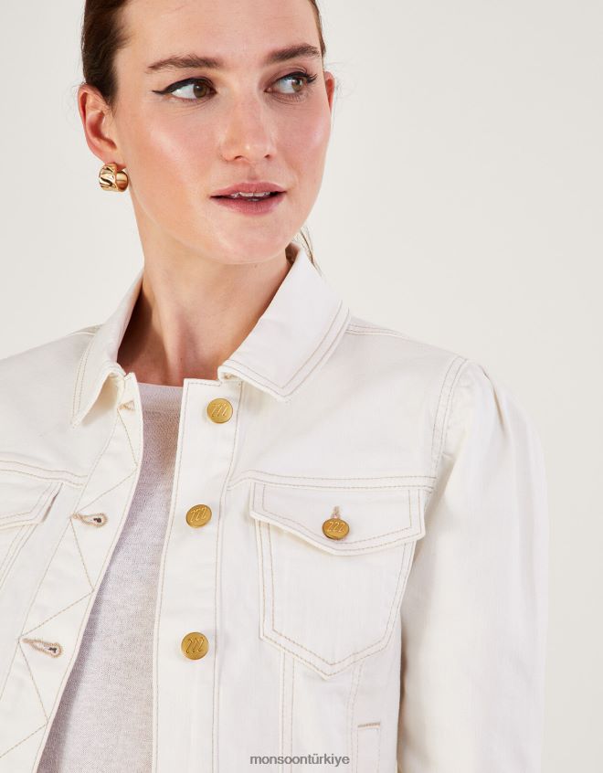 Monsoon kadınlar Sürdürülebilir pamuktan kabarık kollu denim ceket JH86BT781 Giyim doğal (ekru)