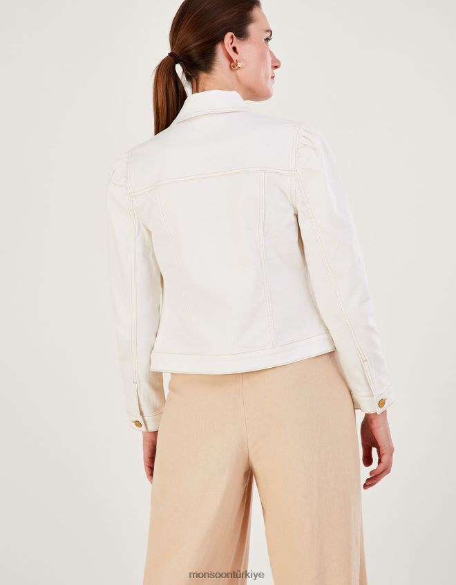 Monsoon kadınlar Sürdürülebilir pamuktan kabarık kollu denim ceket JH86BT781 Giyim doğal (ekru)