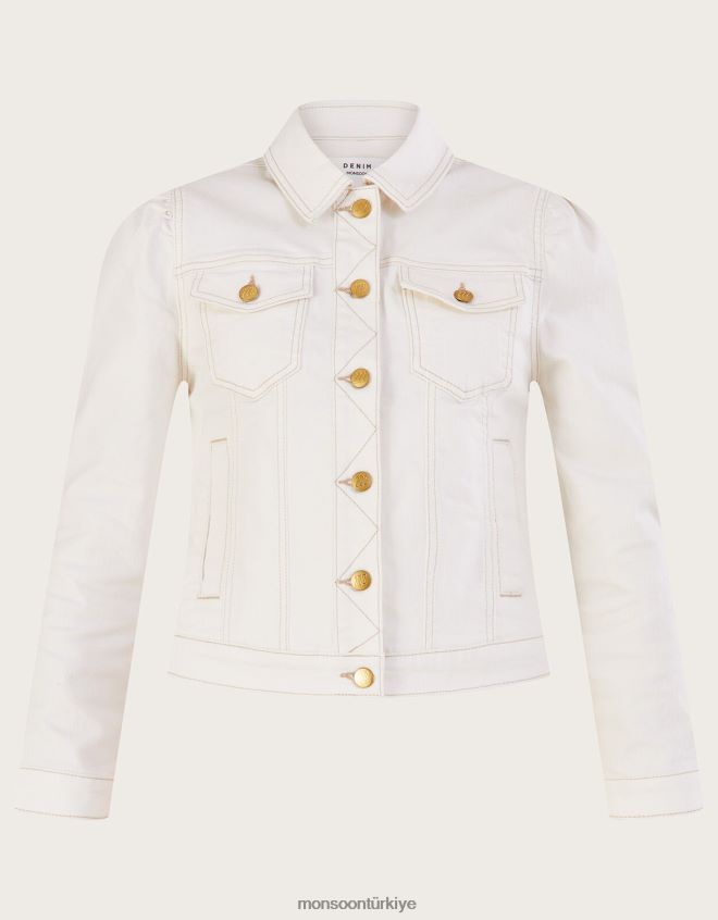 Monsoon kadınlar Sürdürülebilir pamuktan kabarık kollu denim ceket JH86BT781 Giyim doğal (ekru)