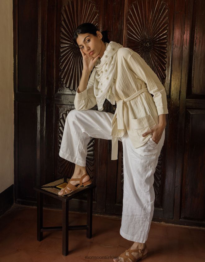 Monsoon kadınlar düz cepli kravatlı ceket JH86BT310 Giyim krem