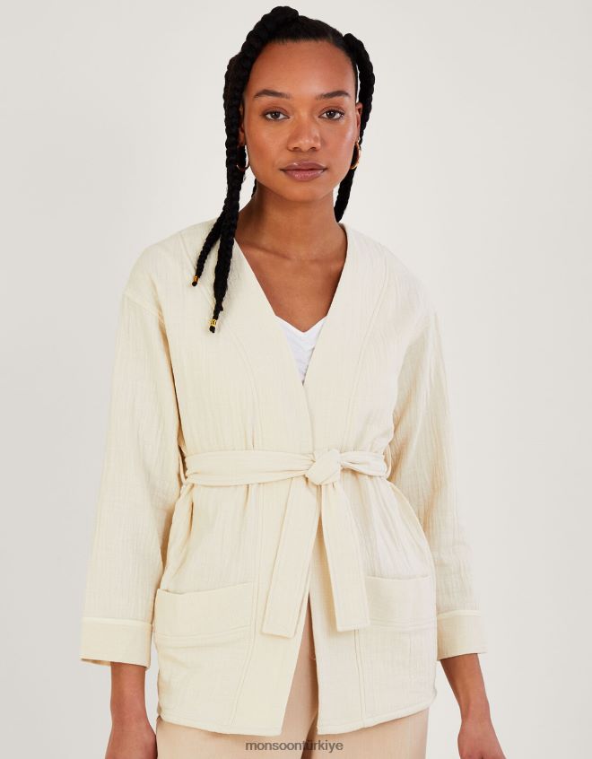 Monsoon kadınlar düz cepli kravatlı ceket JH86BT310 Giyim krem