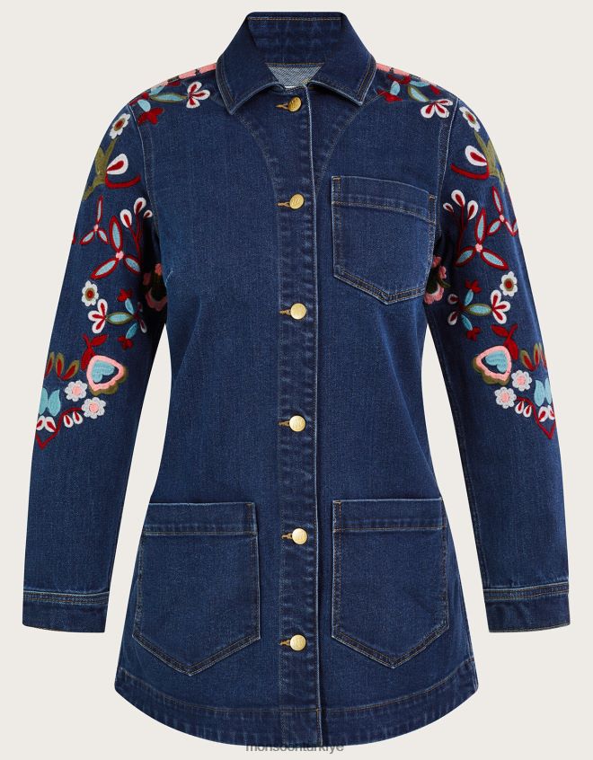 Monsoon kadınlar mindy işlemeli uzun çizgili denim ceket JH86BT1004 Giyim mavi (kot mavisi)