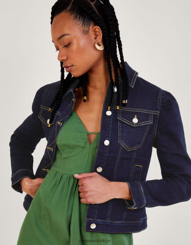 Monsoon kadınlar sürdürülebilir pamuklu dora puf kollu denim ceket JH86BT433 Giyim mavi (çivit mavisi)