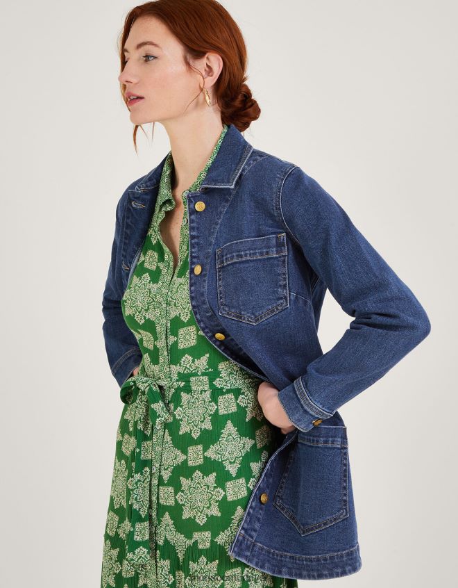 Monsoon kadınlar sürdürülebilir pamuklu mindy uzun çizgili denim ceket JH86BT568 Giyim mavi (kot mavisi)