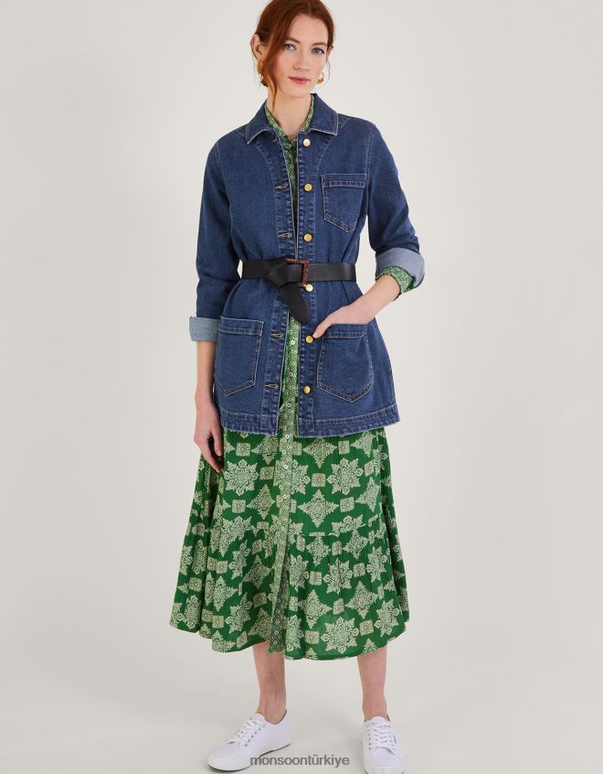 Monsoon kadınlar sürdürülebilir pamuklu mindy uzun çizgili denim ceket JH86BT568 Giyim mavi (kot mavisi)