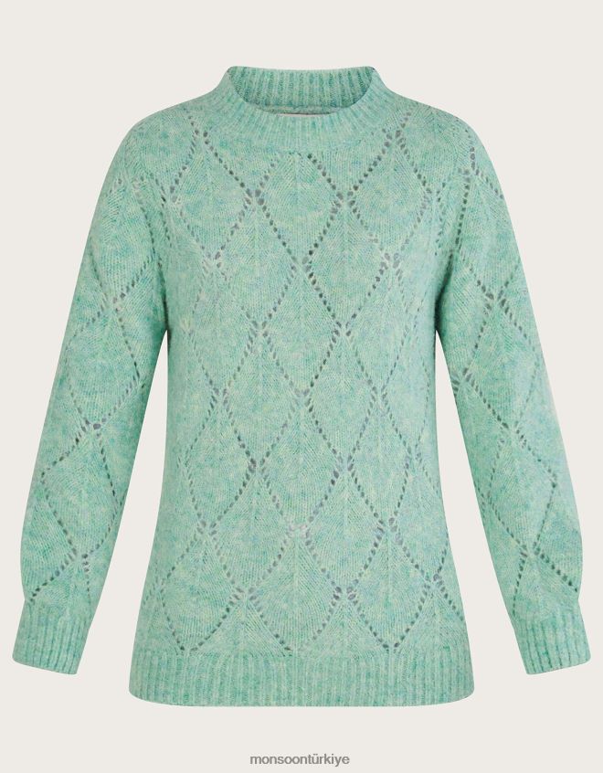 Monsoon kadınlar Geri dönüştürülmüş polyesterden elmas dikişli uzun ip kazak JH86BT555 Giyim yeşil