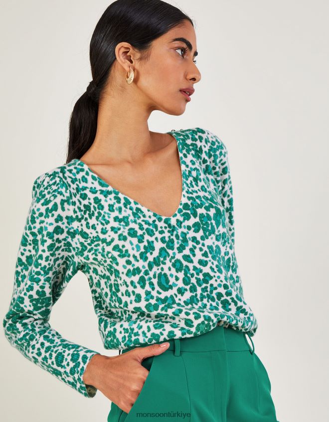 Monsoon kadınlar Geri dönüştürülmüş polyesterden hayvan desenli v yaka kazak JH86BT512 Giyim yeşil