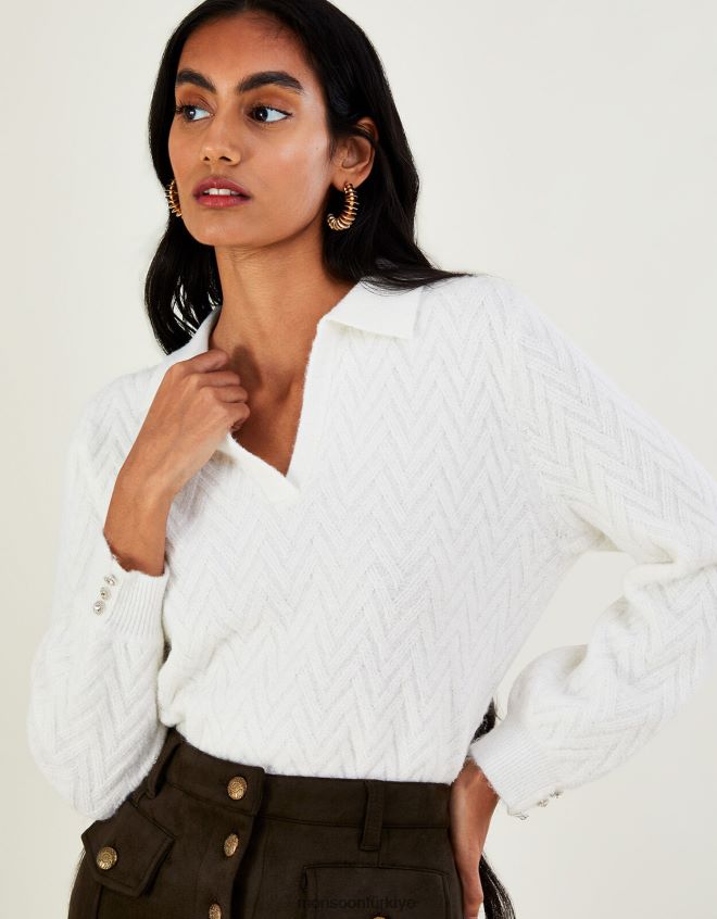 Monsoon kadınlar Geri dönüştürülmüş polyesterden üretilmiş, yakalı, kablo örgülü kazak JH86BT1075 Giyim fildişi