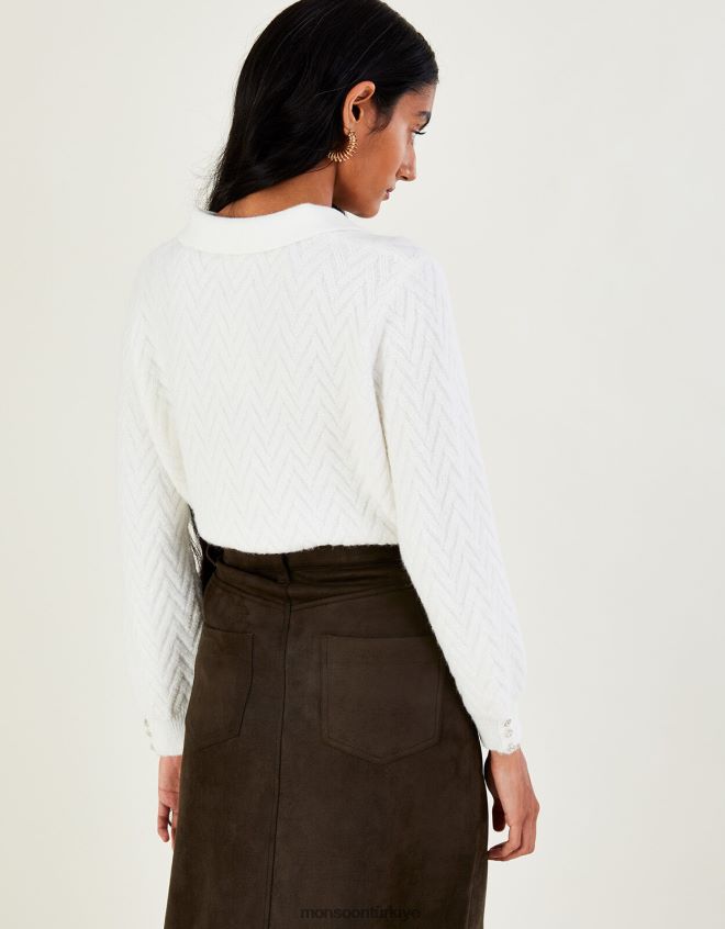 Monsoon kadınlar Geri dönüştürülmüş polyesterden üretilmiş, yakalı, kablo örgülü kazak JH86BT1075 Giyim fildişi