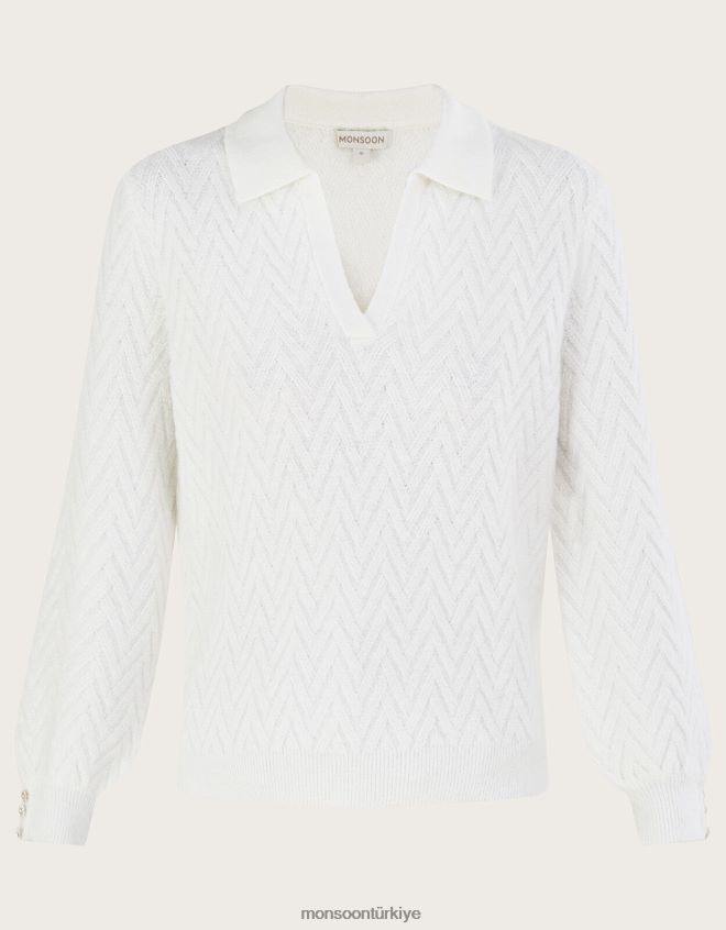 Monsoon kadınlar Geri dönüştürülmüş polyesterden üretilmiş, yakalı, kablo örgülü kazak JH86BT1075 Giyim fildişi