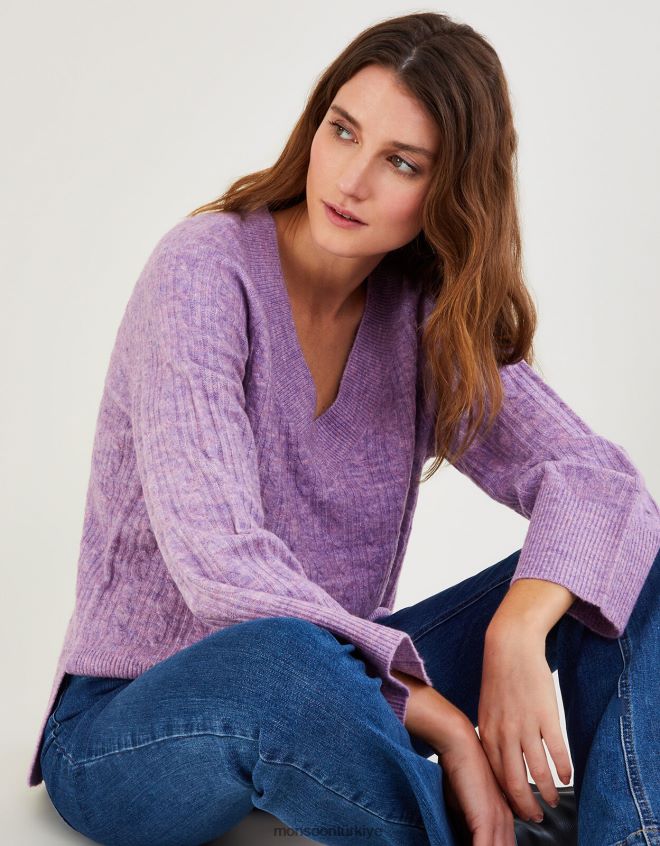 Monsoon kadınlar Geri dönüştürülmüş polyesterden v yakalı kablolu uzun ip kazak JH86BT386 Giyim mor (leylak)