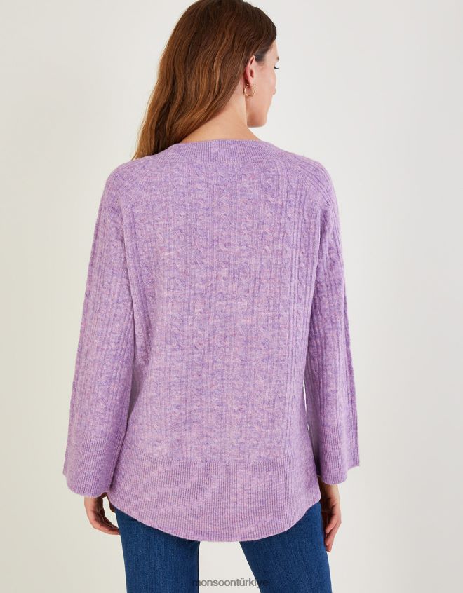 Monsoon kadınlar Geri dönüştürülmüş polyesterden v yakalı kablolu uzun ip kazak JH86BT386 Giyim mor (leylak)