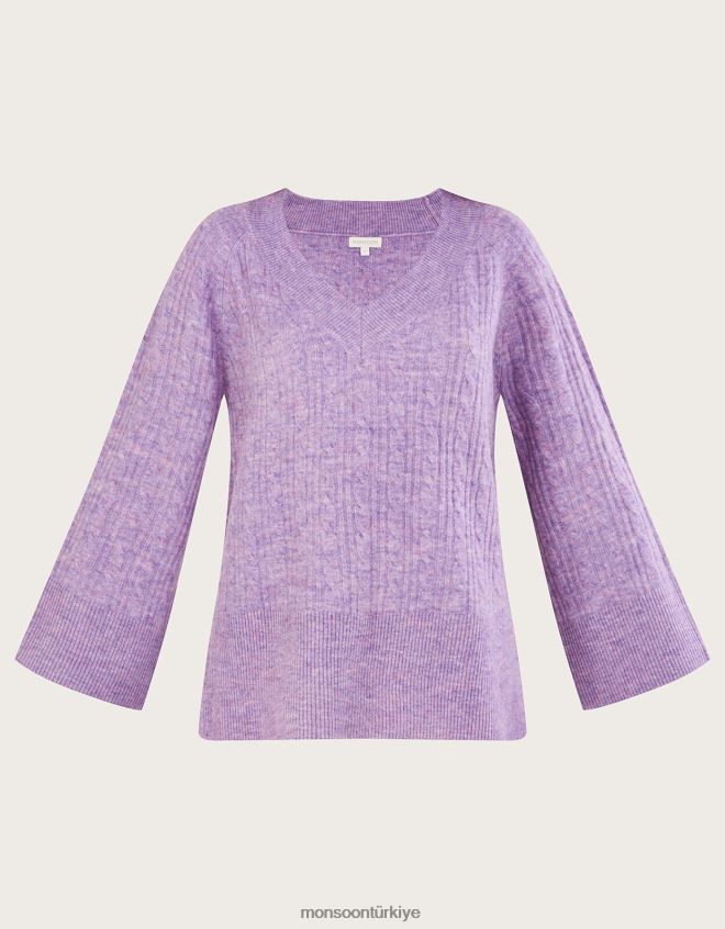 Monsoon kadınlar Geri dönüştürülmüş polyesterden v yakalı kablolu uzun ip kazak JH86BT386 Giyim mor (leylak)