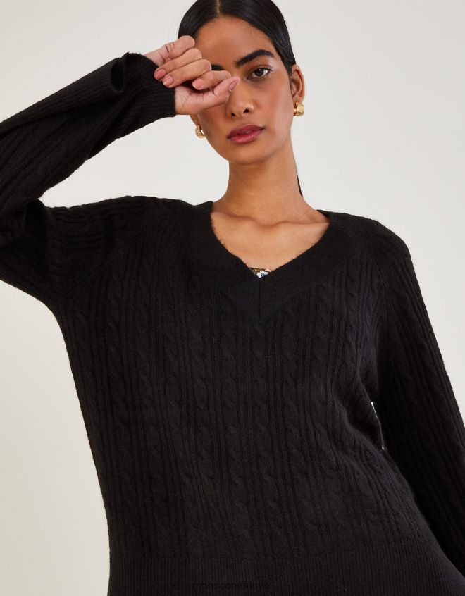 Monsoon kadınlar Geri dönüştürülmüş polyesterden v yakalı kablolu uzun ip kazak JH86BT606 Giyim siyah