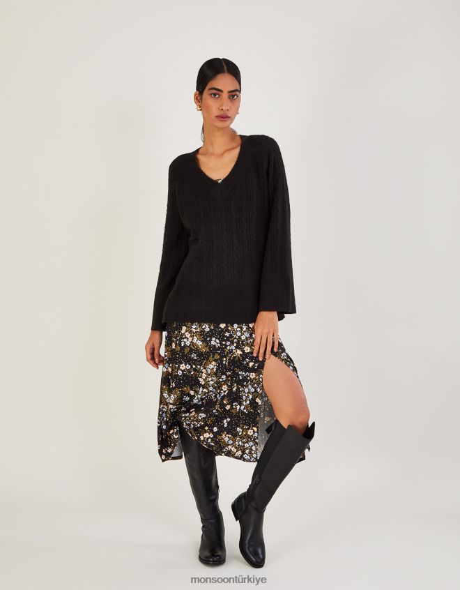 Monsoon kadınlar Geri dönüştürülmüş polyesterden v yakalı kablolu uzun ip kazak JH86BT606 Giyim siyah