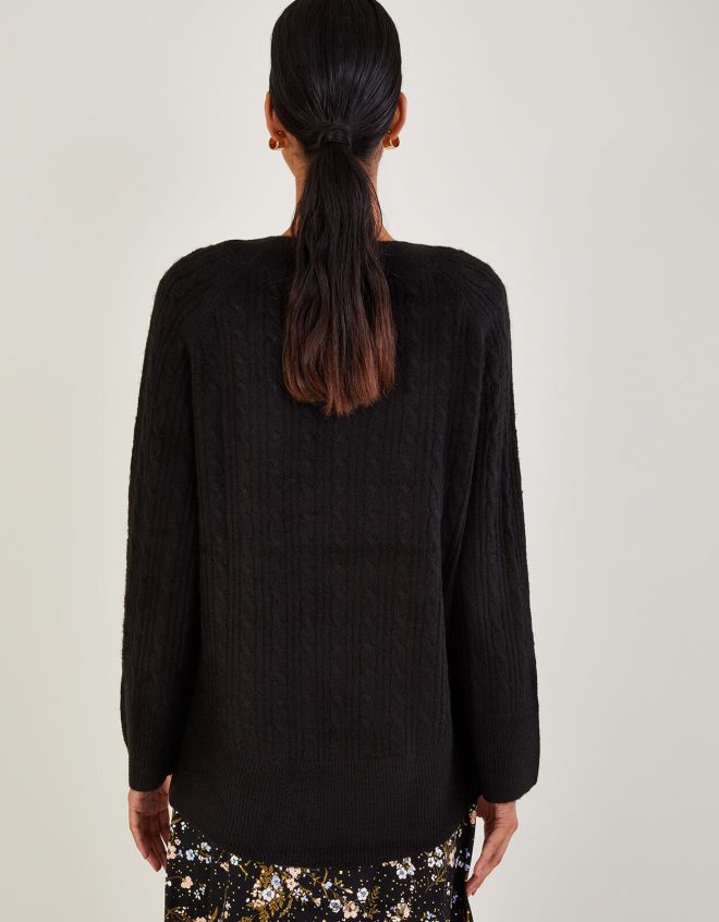 Monsoon kadınlar Geri dönüştürülmüş polyesterden v yakalı kablolu uzun ip kazak JH86BT606 Giyim siyah