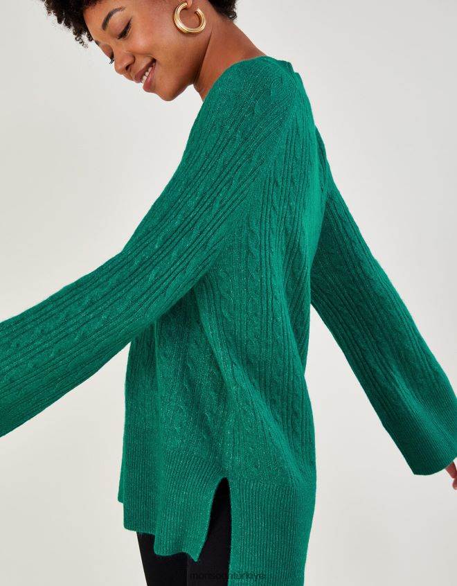 Monsoon kadınlar Geri dönüştürülmüş polyesterden v yakalı kablolu uzun ip kazak JH86BT817 Giyim yeşil