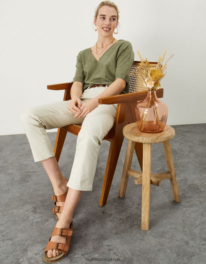 Monsoon kadınlar Keten karışımlı v yaka tişört kazak JH86BT1072 Giyim yeşil (haki)