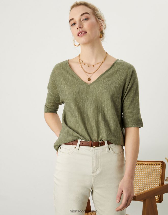 Monsoon kadınlar Keten karışımlı v yaka tişört kazak JH86BT1072 Giyim yeşil (haki)