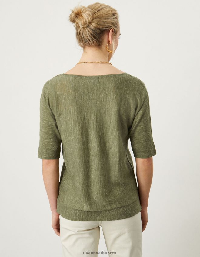 Monsoon kadınlar Keten karışımlı v yaka tişört kazak JH86BT1072 Giyim yeşil (haki)