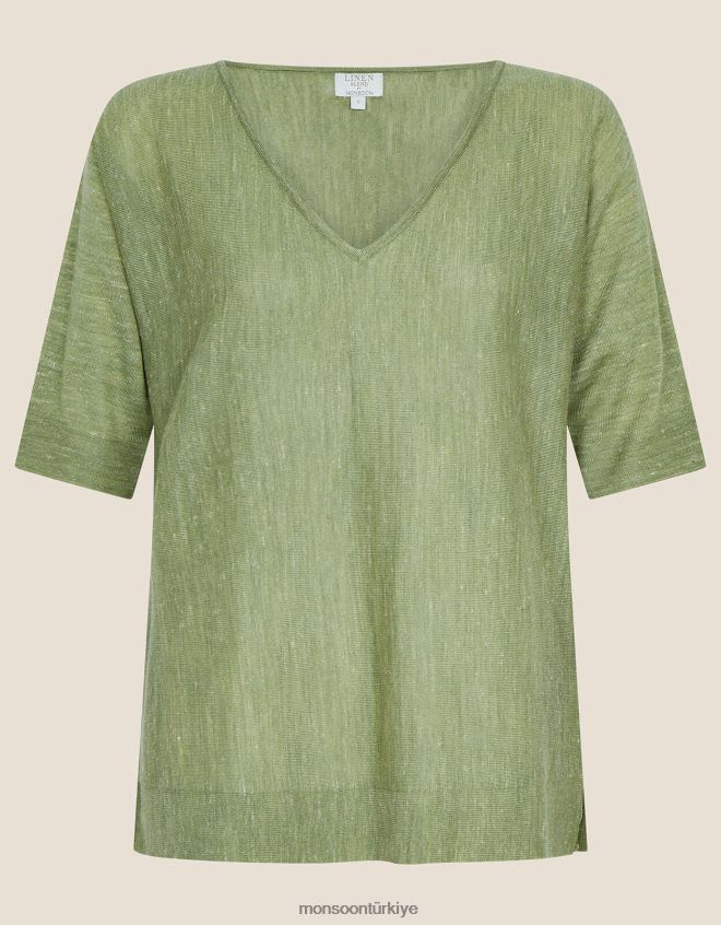 Monsoon kadınlar Keten karışımlı v yaka tişört kazak JH86BT1072 Giyim yeşil (haki)