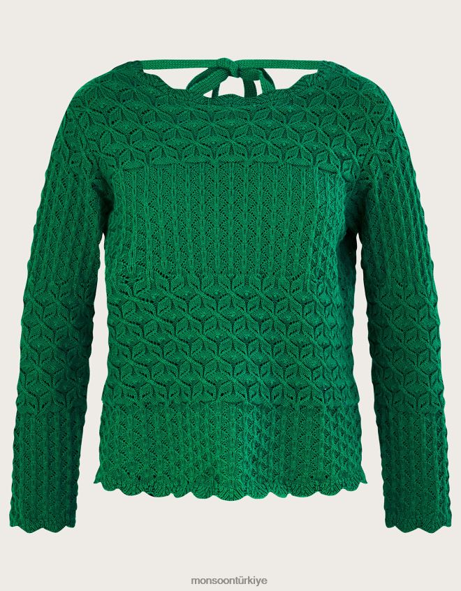 Monsoon kadınlar Sürdürülebilir pamuktan arkası bağcıklı pointelle dikişli kazak JH86BT897 Giyim yeşil