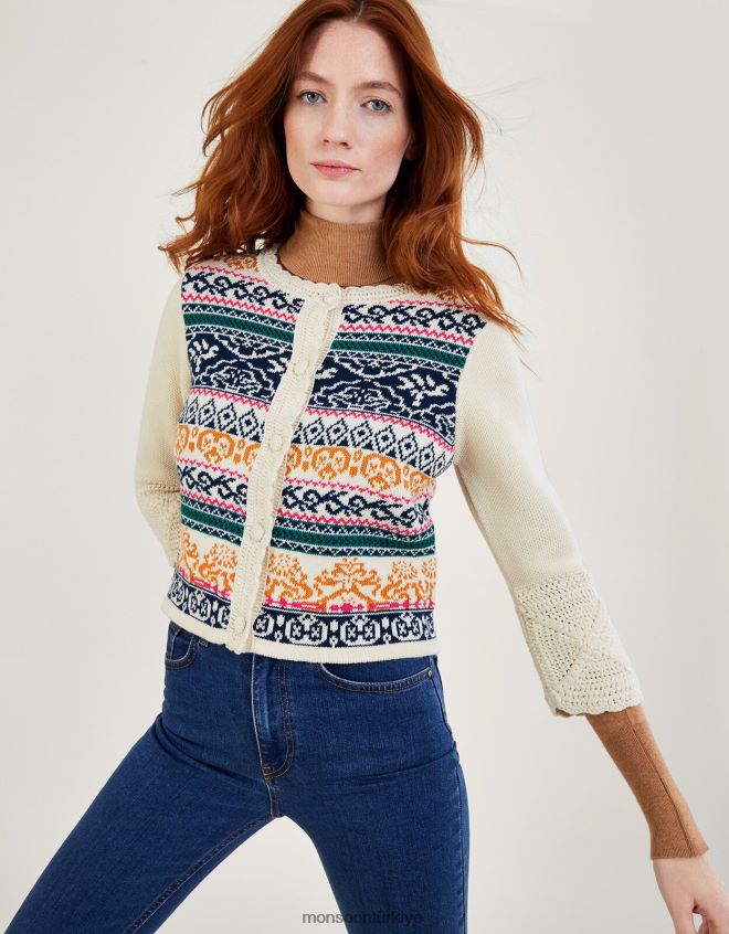 Monsoon kadınlar Sürdürülebilir pamuktan el tığ işi jakarlı hırka JH86BT669 Giyim fildişi