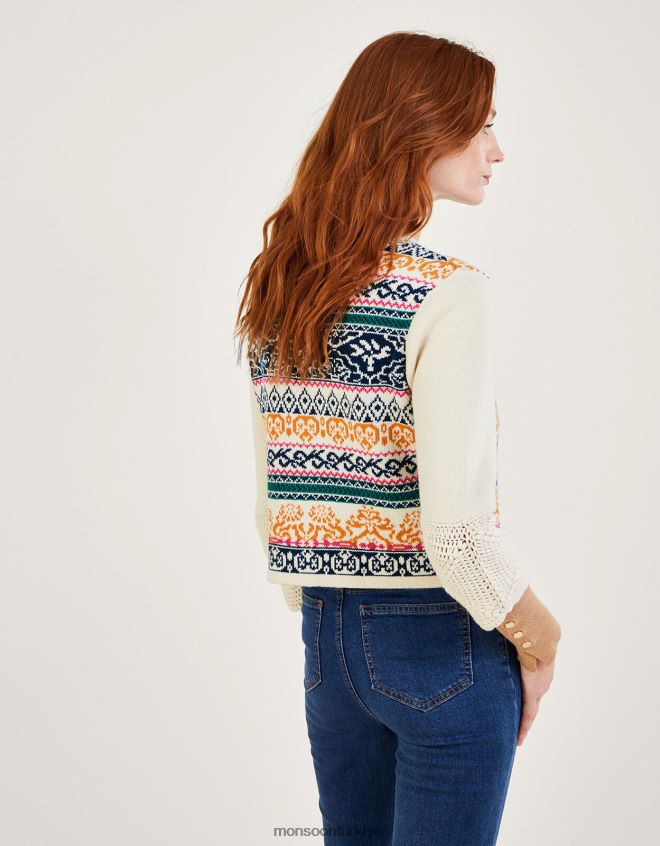 Monsoon kadınlar Sürdürülebilir pamuktan el tığ işi jakarlı hırka JH86BT669 Giyim fildişi