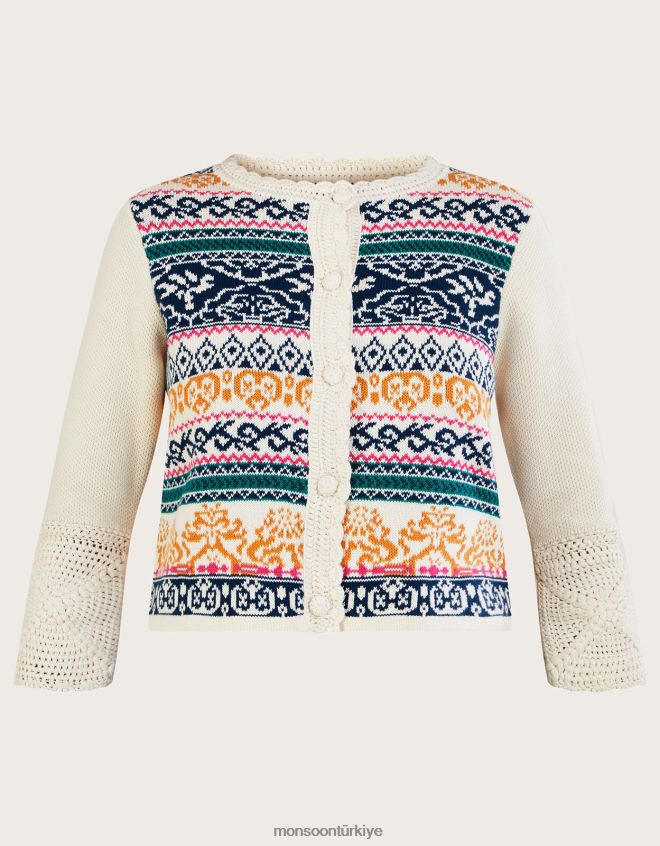 Monsoon kadınlar Sürdürülebilir pamuktan el tığ işi jakarlı hırka JH86BT669 Giyim fildişi