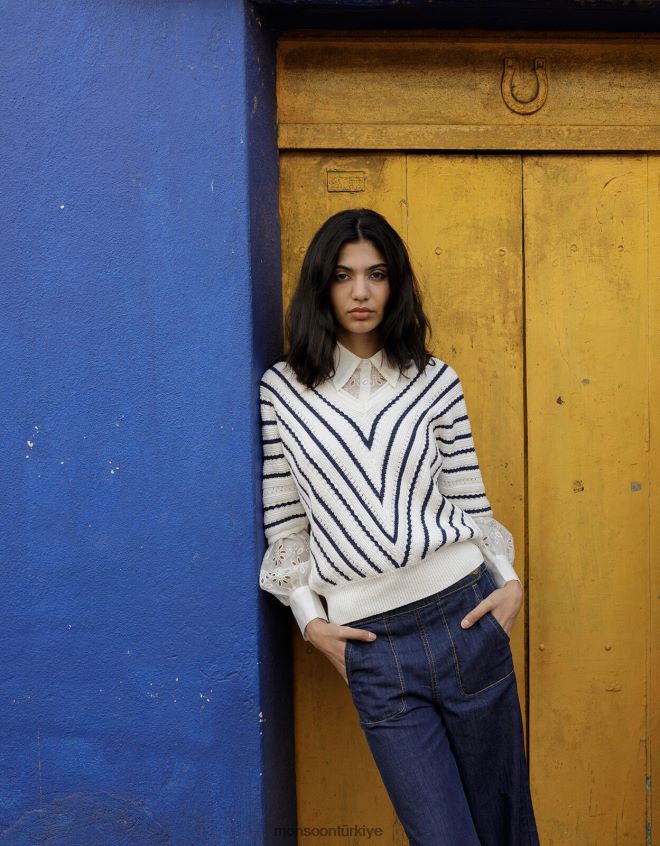 Monsoon kadınlar Sürdürülebilir pamuktan şivron dokulu şerit kazak JH86BT1022 Giyim Mavi Donanma)