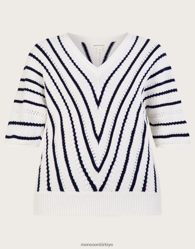 Monsoon kadınlar Sürdürülebilir pamuktan şivron dokulu şerit kazak JH86BT1022 Giyim Mavi Donanma)