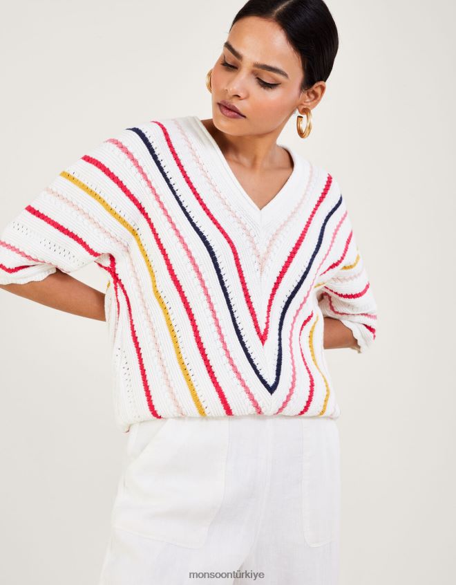 Monsoon kadınlar Sürdürülebilir pamuktan şivron dokulu şerit kazak JH86BT1023 Giyim fildişi