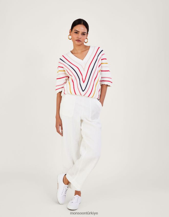 Monsoon kadınlar Sürdürülebilir pamuktan şivron dokulu şerit kazak JH86BT1023 Giyim fildişi