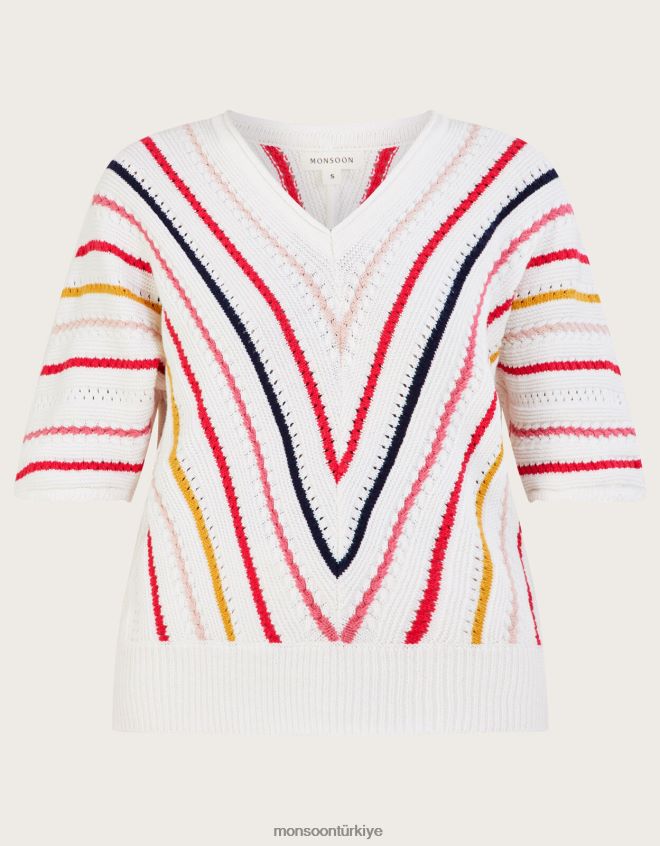 Monsoon kadınlar Sürdürülebilir pamuktan şivron dokulu şerit kazak JH86BT1023 Giyim fildişi