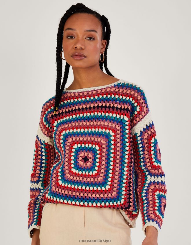 Monsoon kadınlar Sürdürülebilir pamuktan tığ işi kare kazak JH86BT768 Giyim fildişi