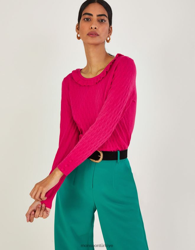 Monsoon kadınlar Sürdürülebilir viskozlu fırfırlı geniş yakalı kazak JH86BT405 Giyim pembe