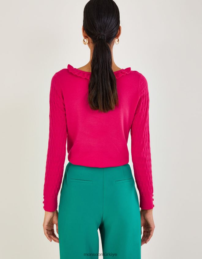 Monsoon kadınlar Sürdürülebilir viskozlu fırfırlı geniş yakalı kazak JH86BT405 Giyim pembe