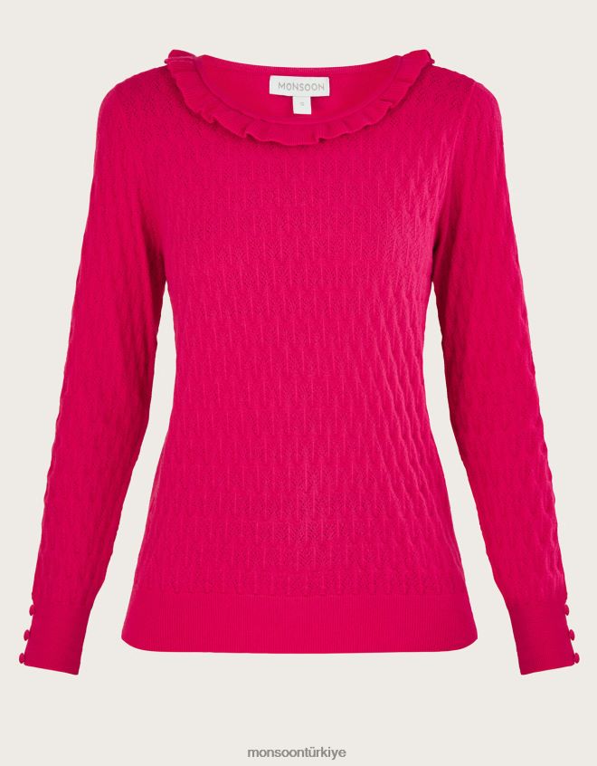 Monsoon kadınlar Sürdürülebilir viskozlu fırfırlı geniş yakalı kazak JH86BT405 Giyim pembe