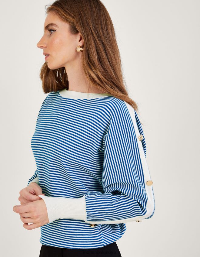 Monsoon kadınlar denizcilik düğme detaylı şerit düğmeli kazak JH86BT868 Giyim mavi